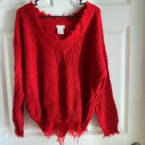 Red Distressed Fringe Sweater